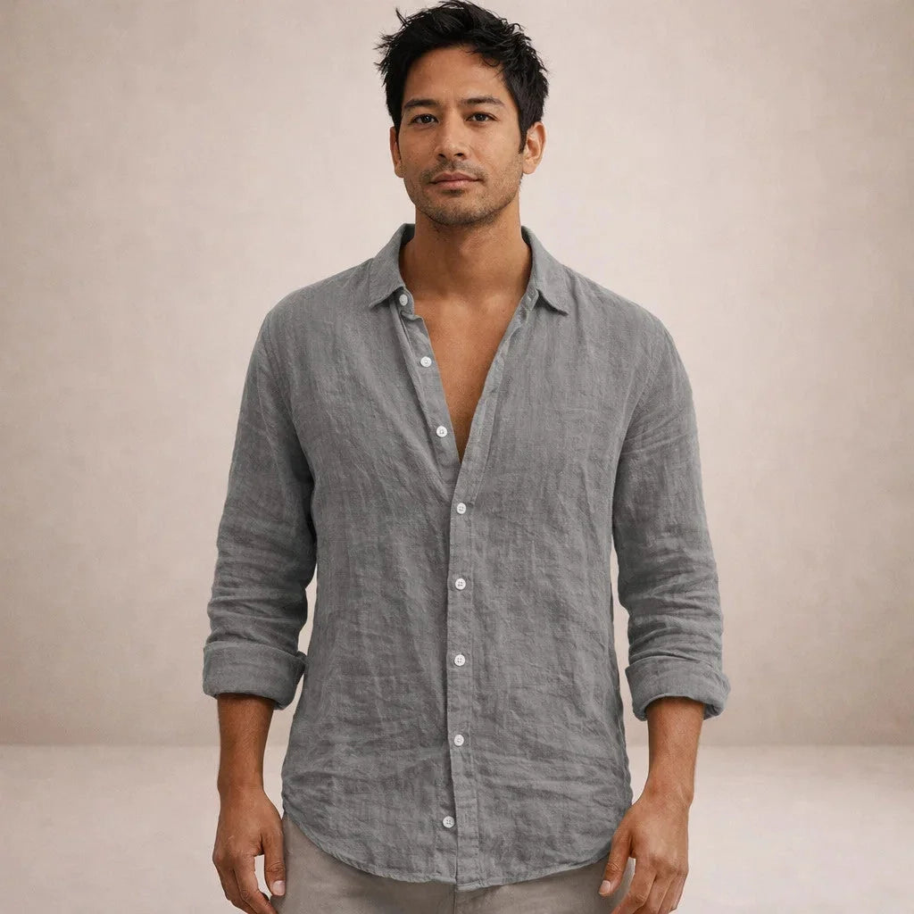 Grey Men's Linen Button-Down Shirt — Milo Long Sleeve Summer Blouse - Front Full Model
