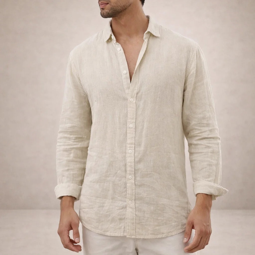 Off White Men's Linen Button-Down Shirt — Milo Long Sleeve Summer Blouse - Front Relaxed