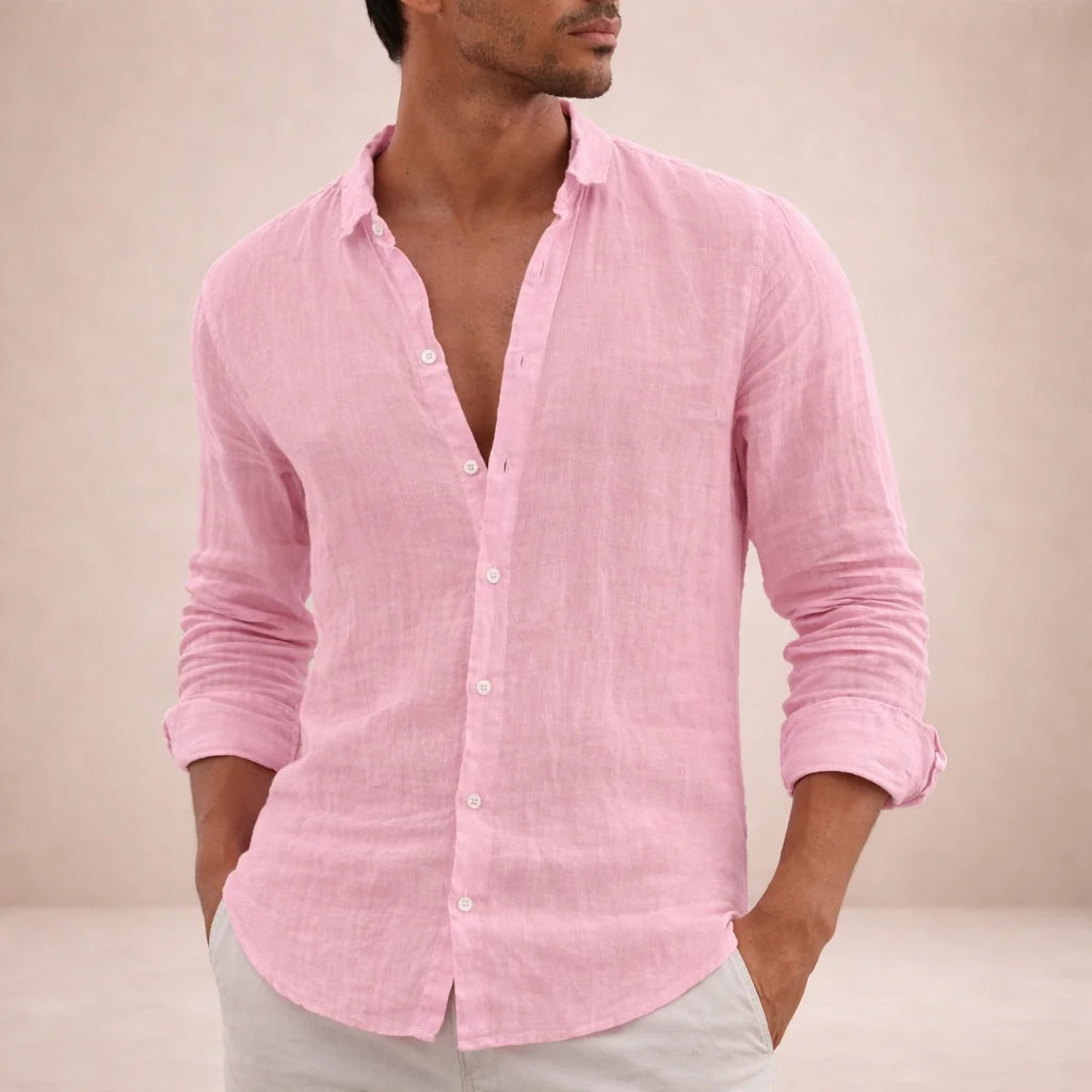 Pink Men's Linen Button-Down Shirt — Milo Long Sleeve Summer Blouse - Front Detail