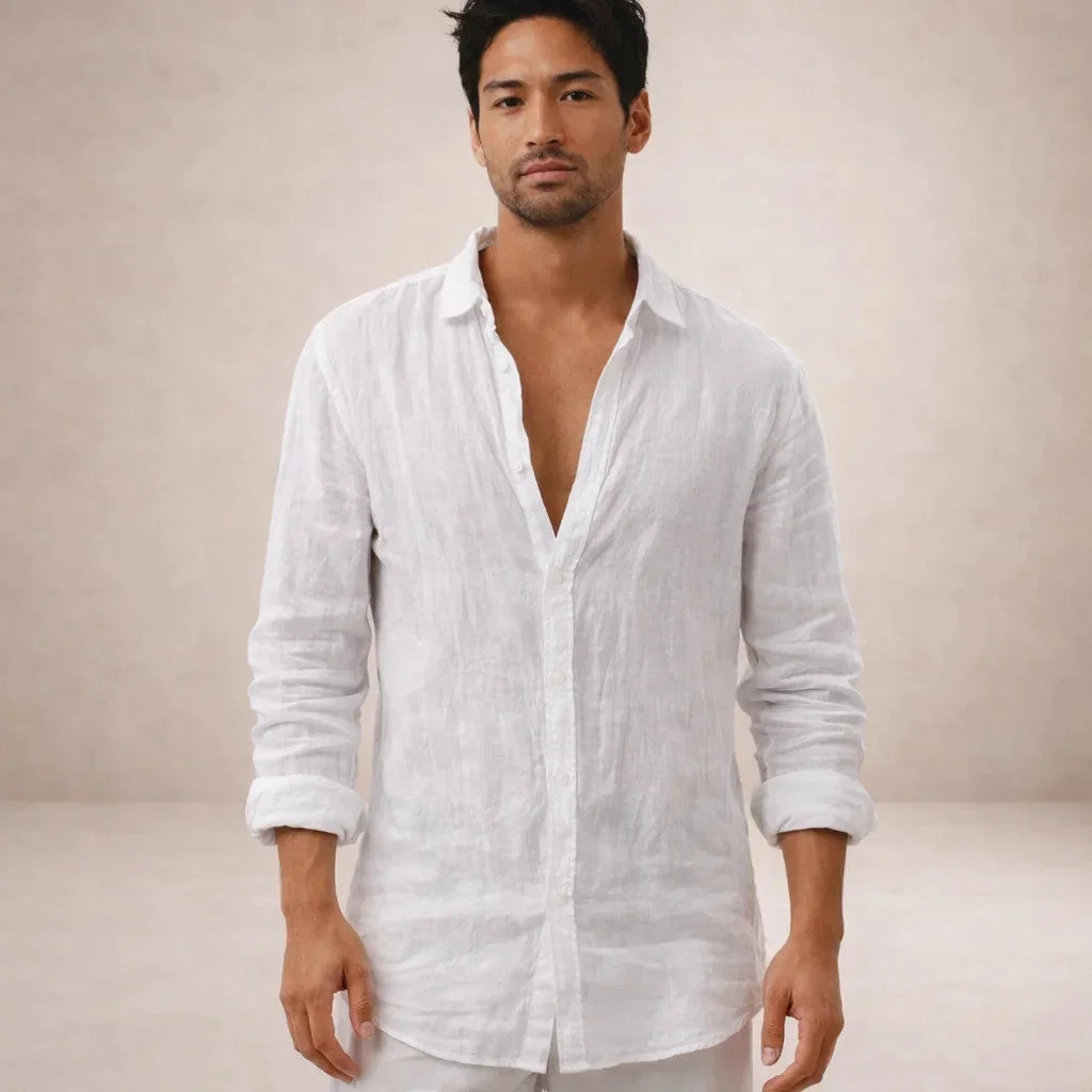White Men's Linen Button-Down Shirt — Milo Long Sleeve Summer Blouse - Front Full Lifestyle