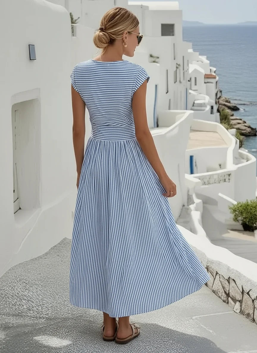 Blue Women's Blue Striped Linen Dress — Nadine Twisted Front Midi - Back Full
