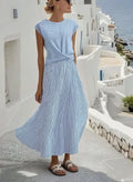 Women's Blue Striped Linen Dress — Nadine Twisted Front Midi