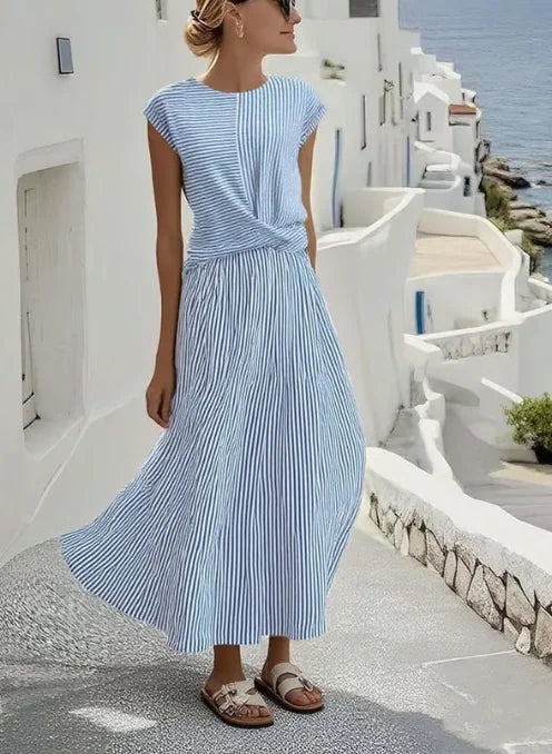 Blue Women's Blue Striped Linen Dress — Nadine Twisted Front Midi - Front Full