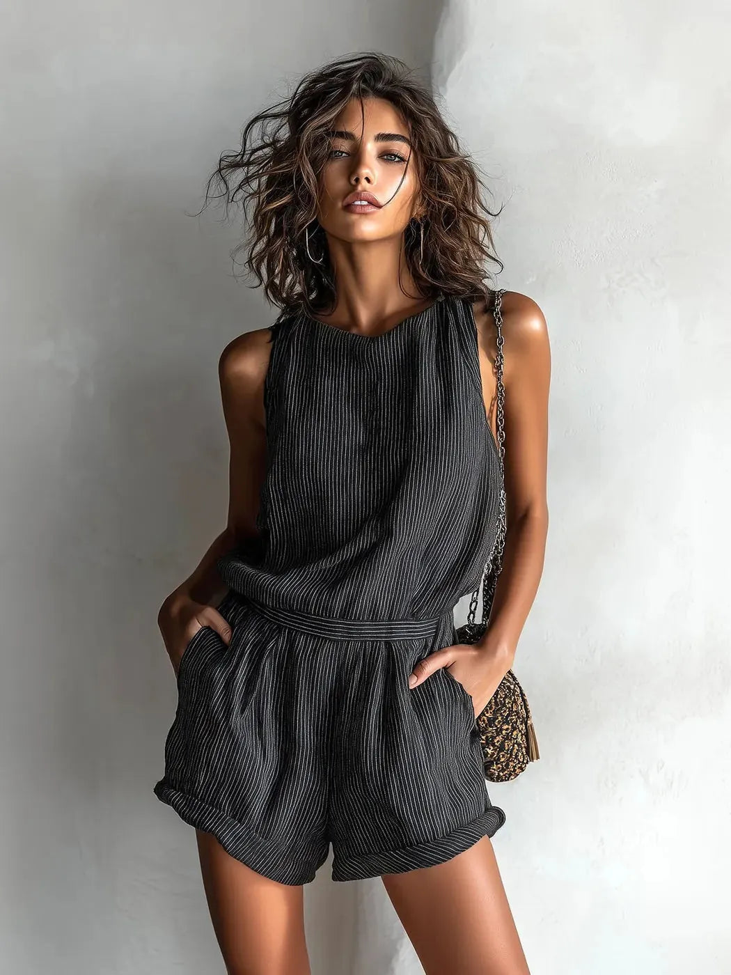 Zwart Women's Striped Linen Romper — Maddison Sleeveless Cuffed Boho - Front Lifestyle