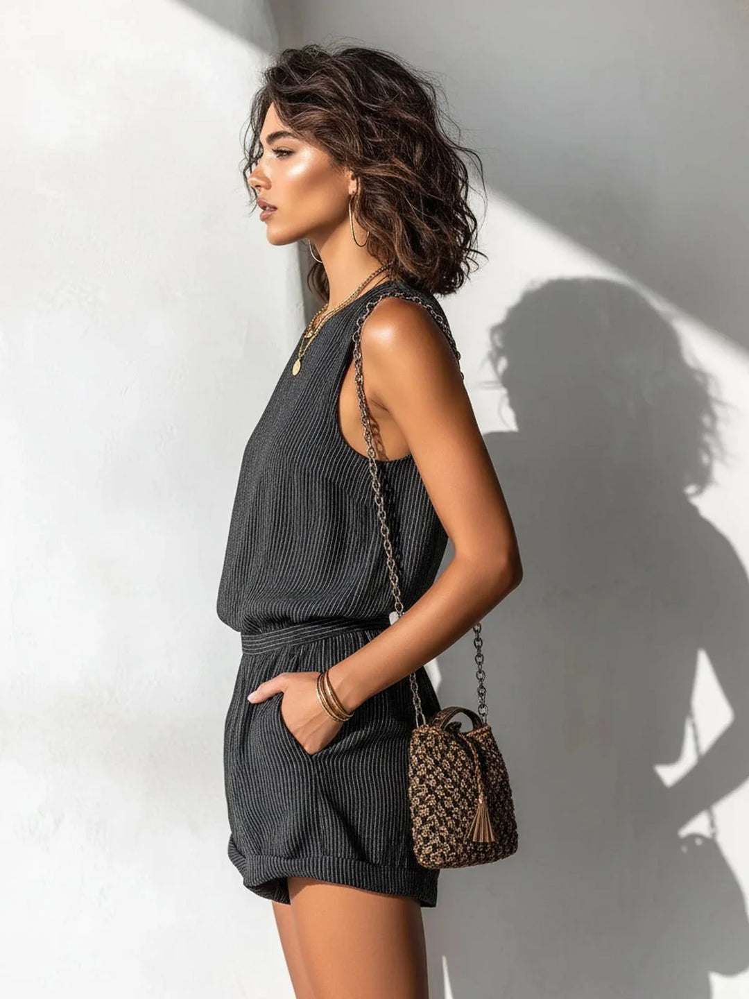 Zwart Women's Striped Linen Romper — Maddison Sleeveless Cuffed Boho - Side Pose