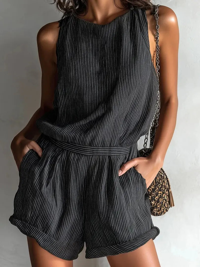 Zwart Women's Striped Linen Romper — Maddison Sleeveless Cuffed Boho - Torso Close Up