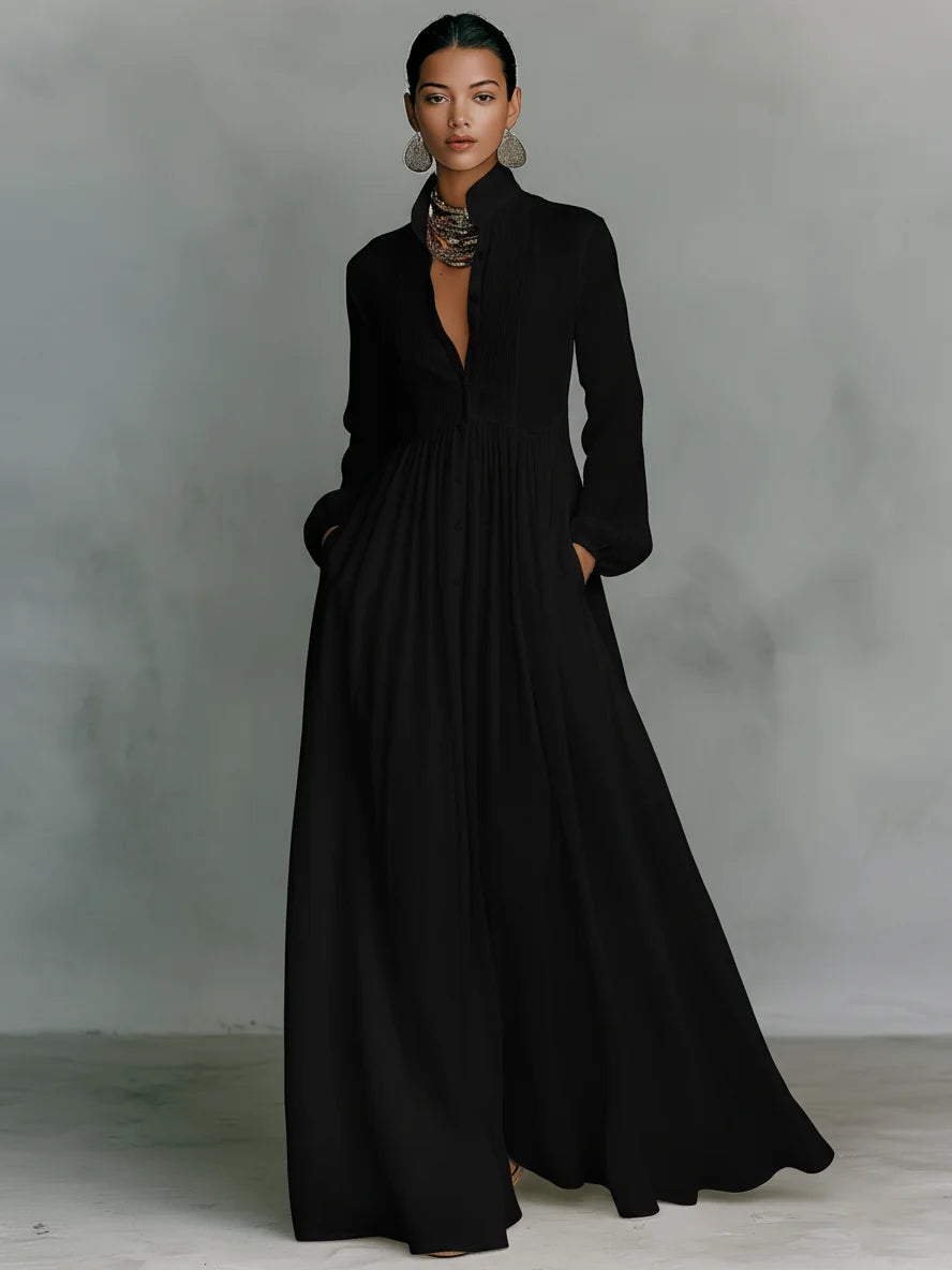 Black Women's Long Sleeve Maxi Dress — Lily Button-Front Stand Collar Bohemian - Front Full Pose