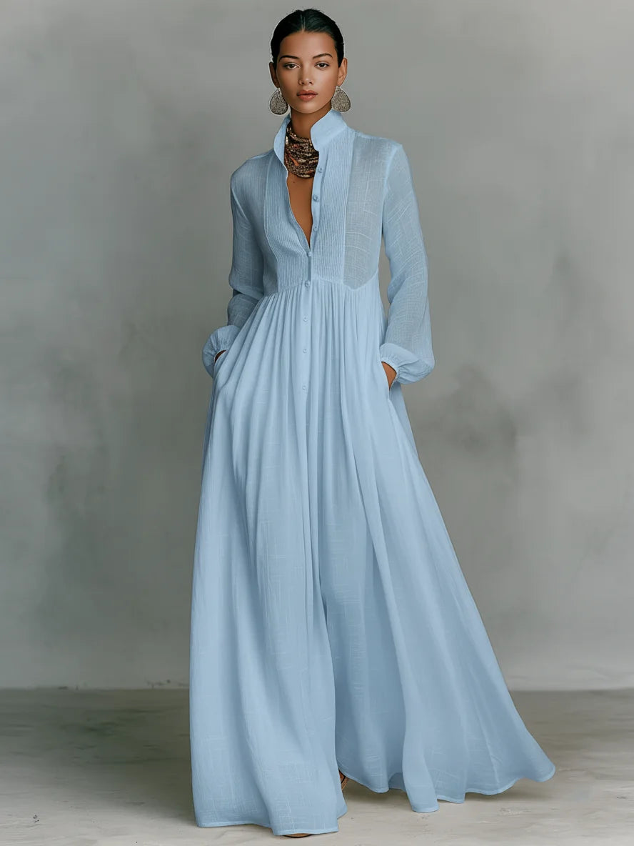 Blue Women's Long Sleeve Maxi Dress — Lily Button-Front Stand Collar Bohemian - Front Full Studio