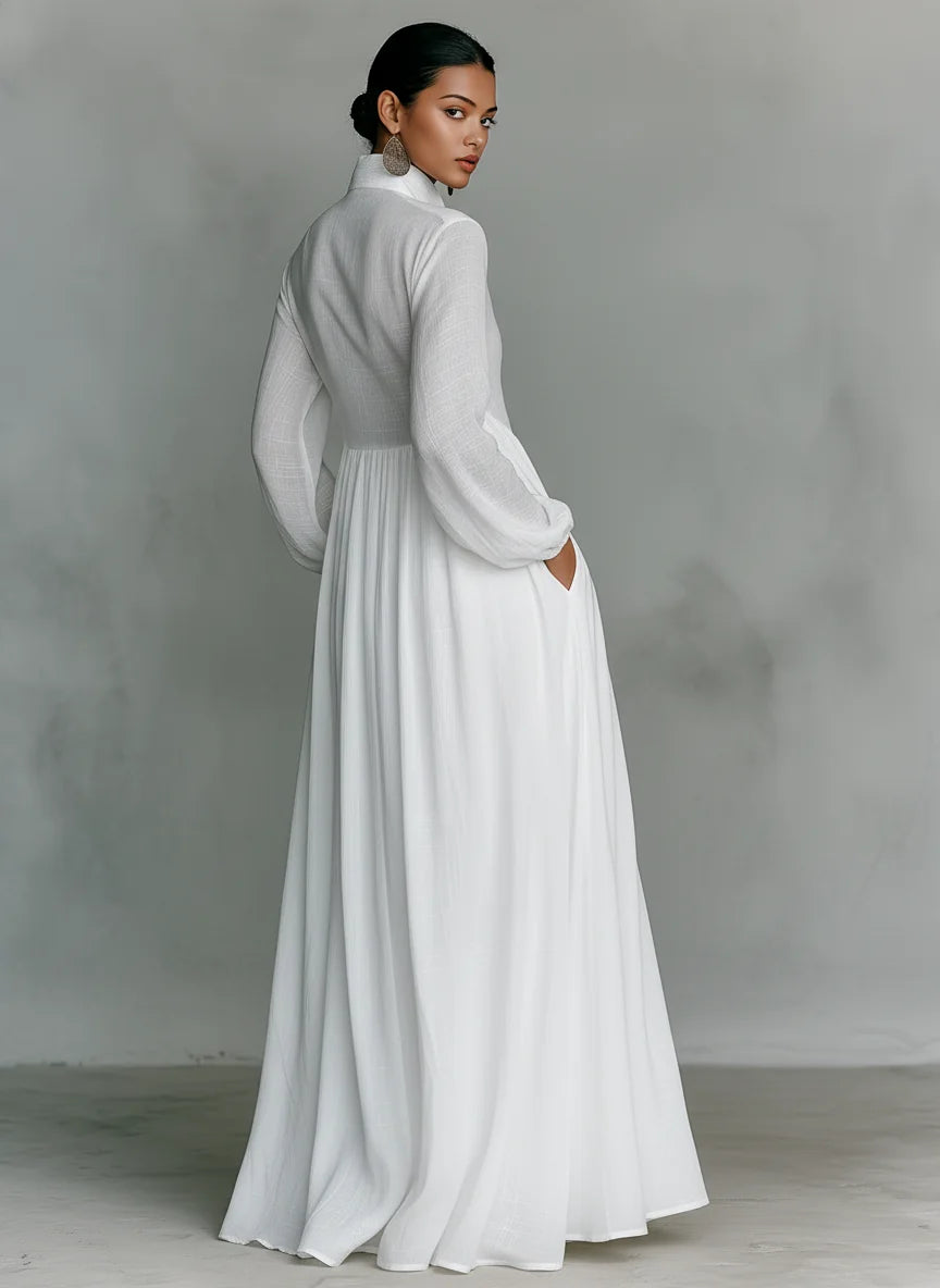 White Women's Long Sleeve Maxi Dress — Lily Button-Front Stand Collar Bohemian - Back Full