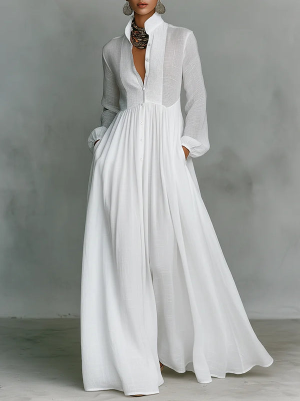 White Women's Long Sleeve Maxi Dress — Lily Button-Front Stand Collar Bohemian - Front Full Cropped