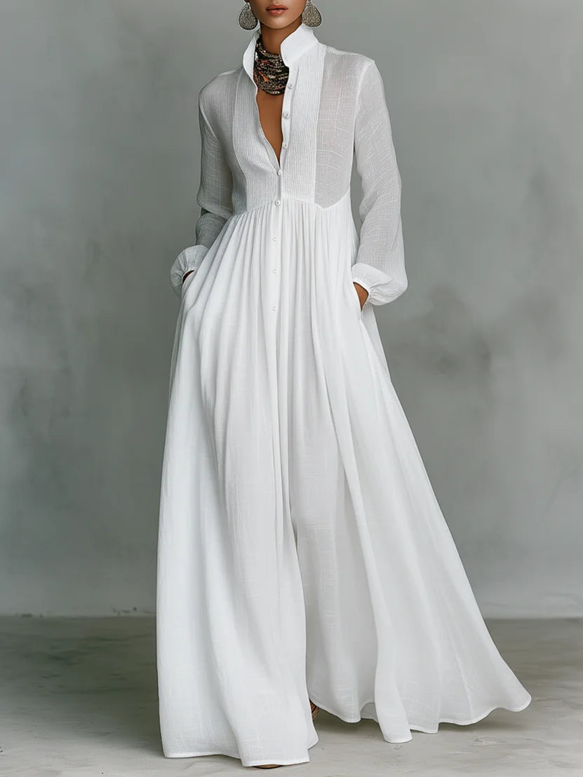 White Women's Long Sleeve Maxi Dress — Lily Button-Front Stand Collar Bohemian - Front Full Cropped