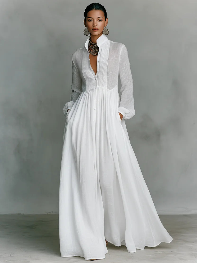 White Women's Long Sleeve Maxi Dress — Lily Button-Front Stand Collar Bohemian - Front Full