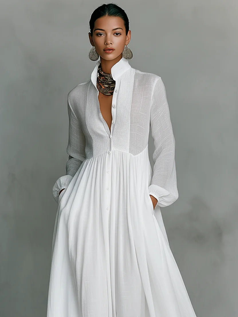 White Women's Long Sleeve Maxi Dress — Lily Button-Front Stand Collar Bohemian - Front Upper Portrait