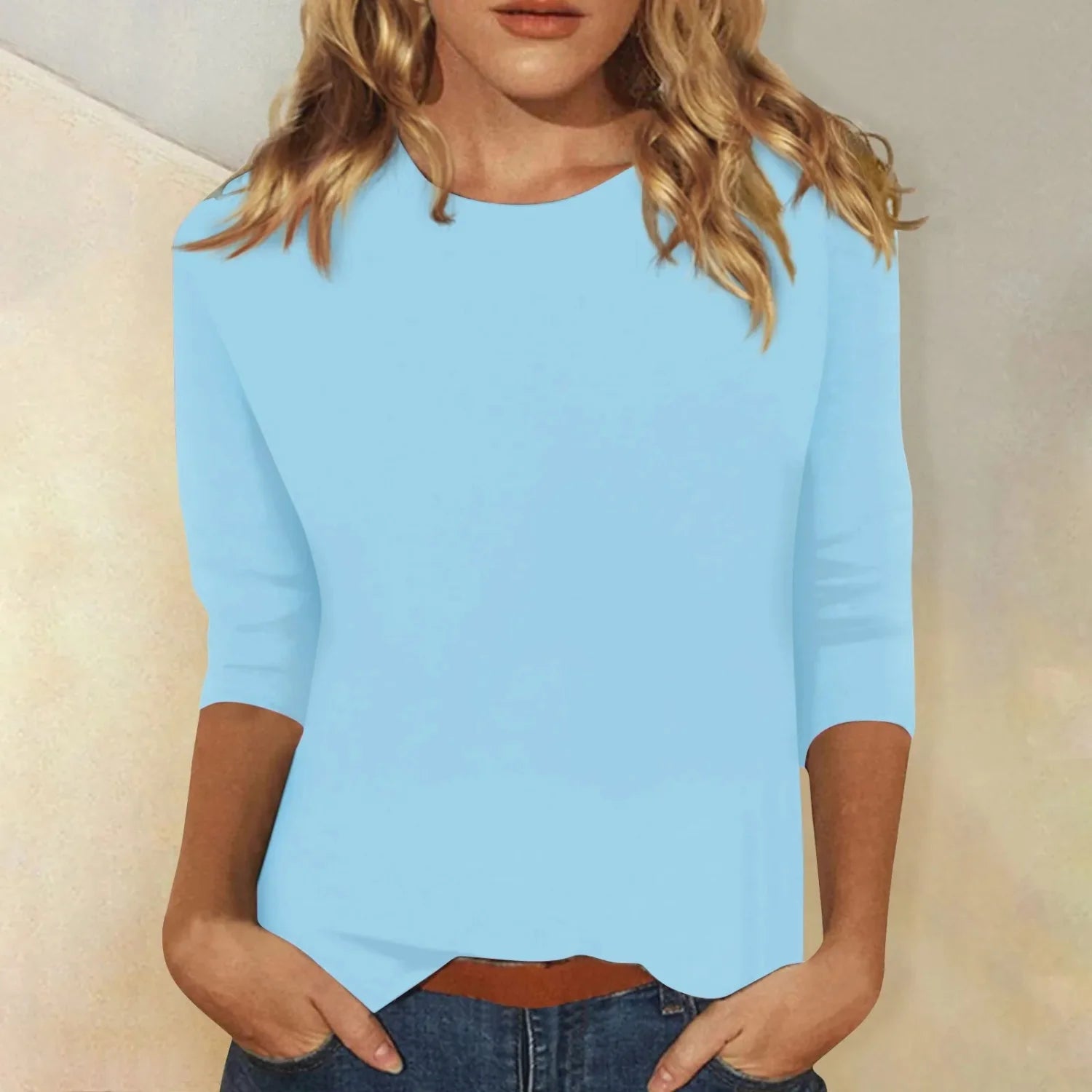 Light Blue Women's Long Sleeve Crew Neck Top — Jillian Basic Cotton Solid - Front Standing