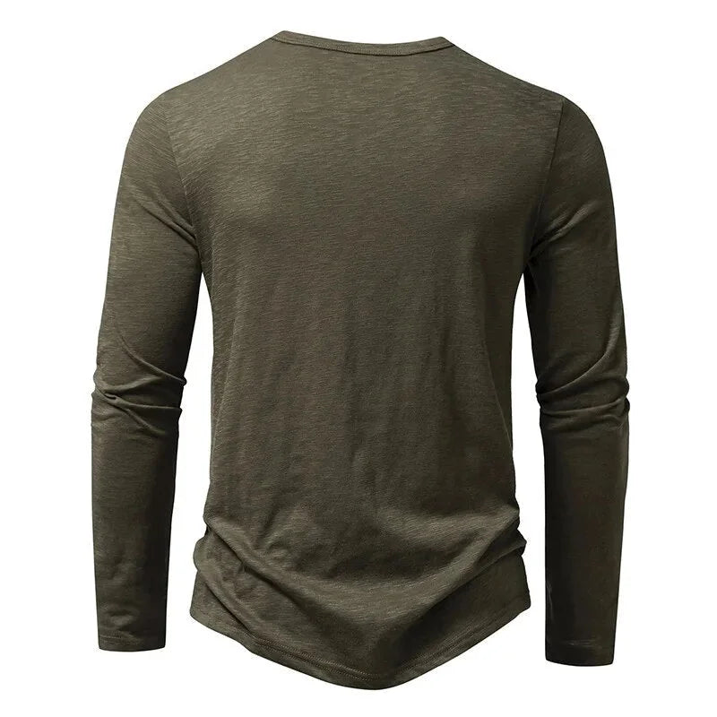 Army Men's Long Sleeve Henley Shirt — Thea Button-Front Slub Cotton - Green Back Full