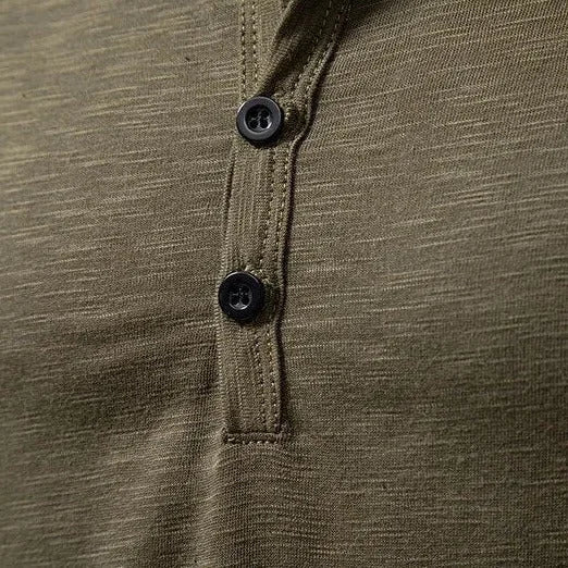 Army Men's Long Sleeve Henley Shirt — Thea Button-Front Slub Cotton - Green Close Up Placket