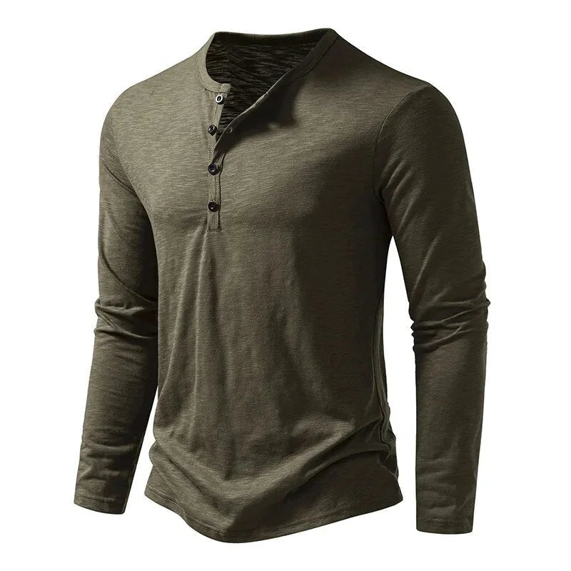 Army Men's Long Sleeve Henley Shirt — Thea Button-Front Slub Cotton - Green Front Angle