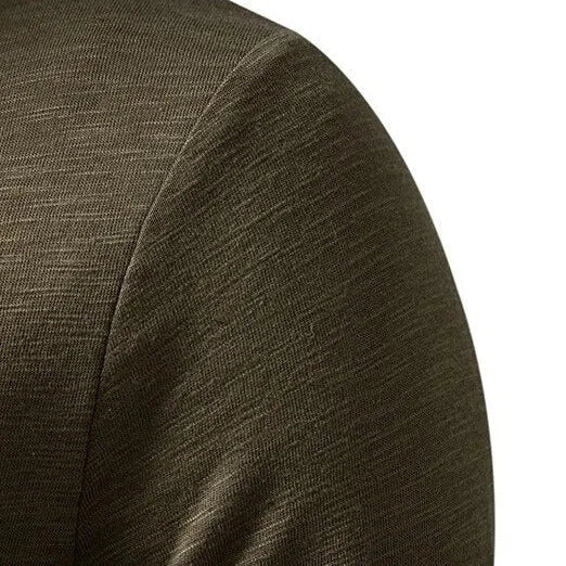 Army Men's Long Sleeve Henley Shirt — Thea Button-Front Slub Cotton - Green Sleeve Detail
