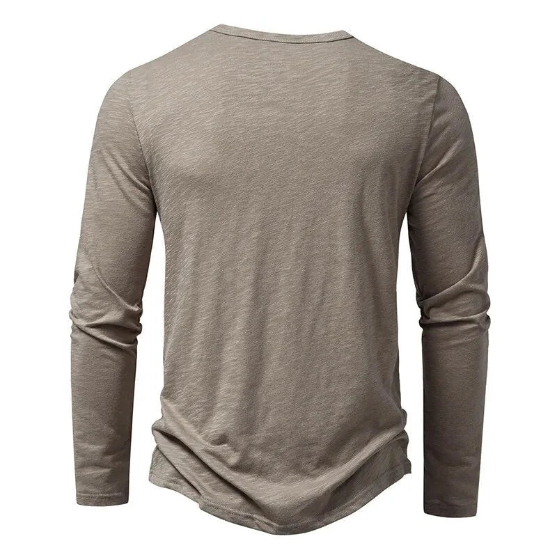 Beige Men's Long Sleeve Henley Shirt — Thea Button-Front Slub Cotton - Back Full