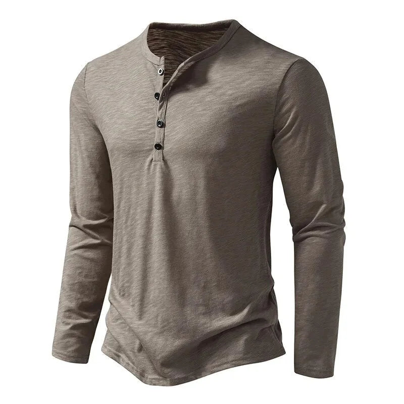 Beige Men's Long Sleeve Henley Shirt — Thea Button-Front Slub Cotton - Front Angle