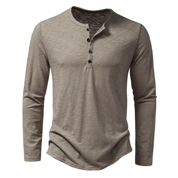Men's Long Sleeve Henley Shirt — Thea Button-Front Slub Cotton