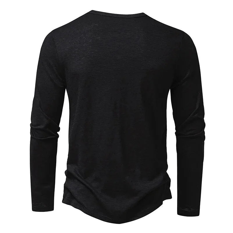 Black Men's Long Sleeve Henley Shirt — Thea Button-Front Slub Cotton - Back Full