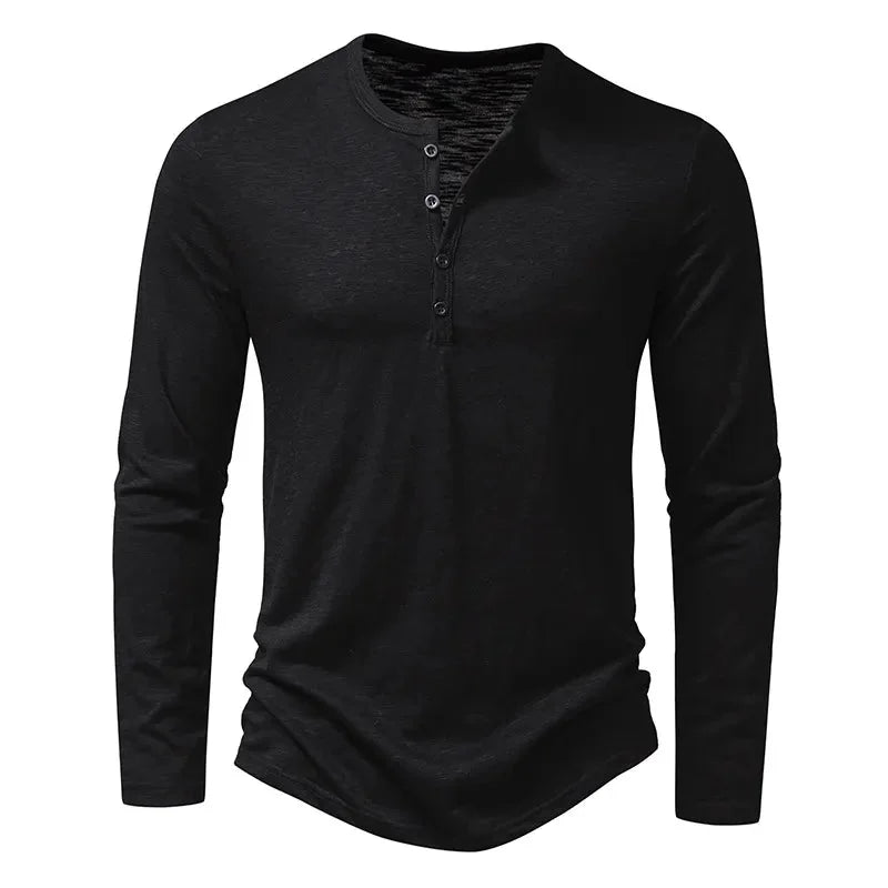 Black Men's Long Sleeve Henley Shirt — Thea Button-Front Slub Cotton - Front Angle