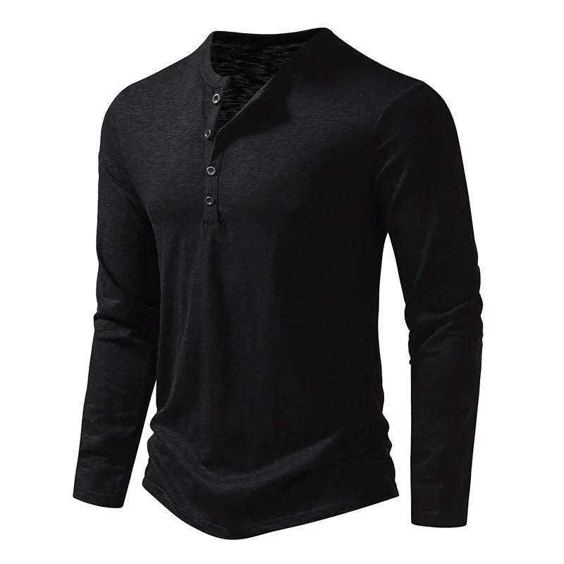 Black Men's Long Sleeve Henley Shirt — Thea Button-Front Slub Cotton - Front Full
