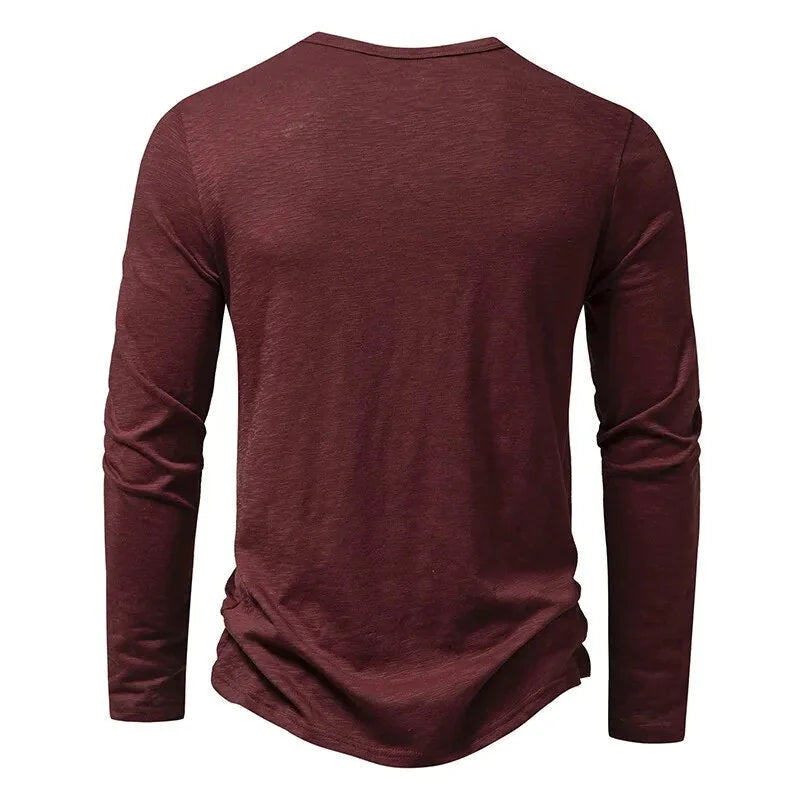 Burgundy Men's Long Sleeve Henley Shirt — Thea Button-Front Slub Cotton - Back Full