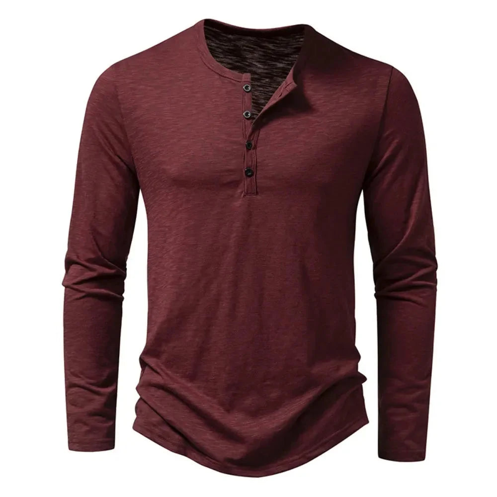 Burgundy Men's Long Sleeve Henley Shirt — Thea Button-Front Slub Cotton - Front Angle