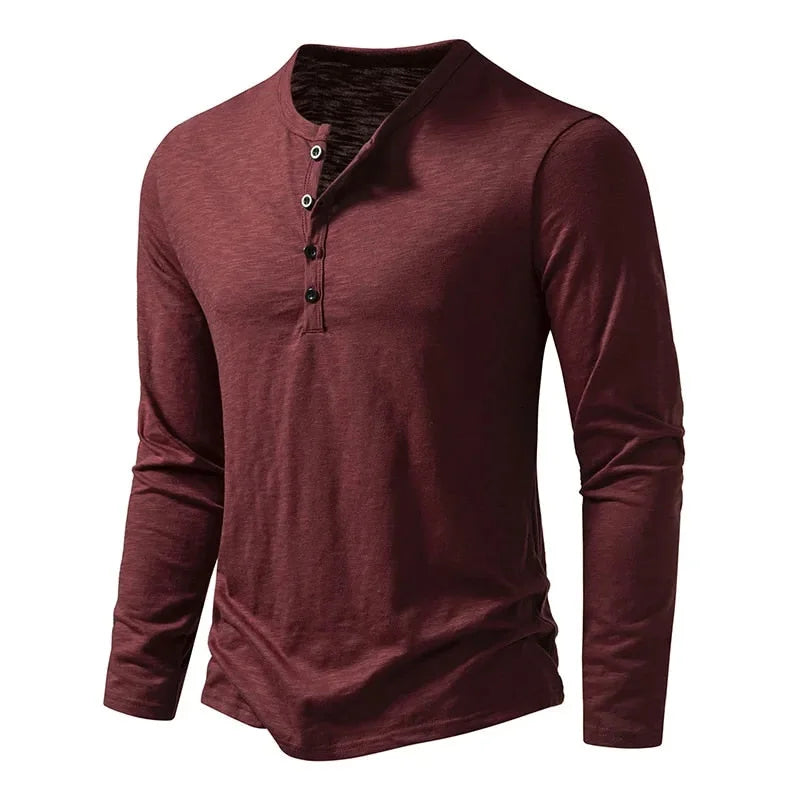 Burgundy Men's Long Sleeve Henley Shirt — Thea Button-Front Slub Cotton - Front Full