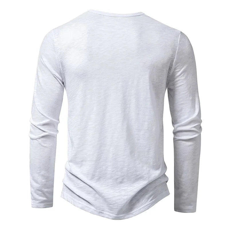 White Men's Long Sleeve Henley Shirt — Thea Button-Front Slub Cotton - Back Full