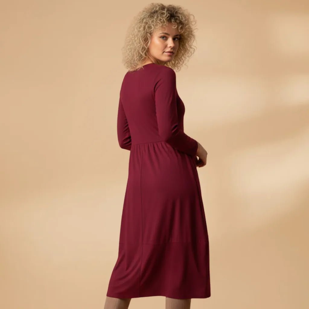 Beatrice | Classic Women Midi Dress with Long Sleeves - Burgundy - 5