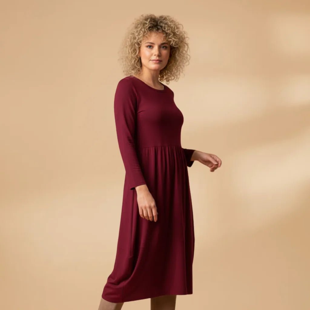 Beatrice | Classic Women Midi Dress with Long Sleeves - Burgundy - 2
