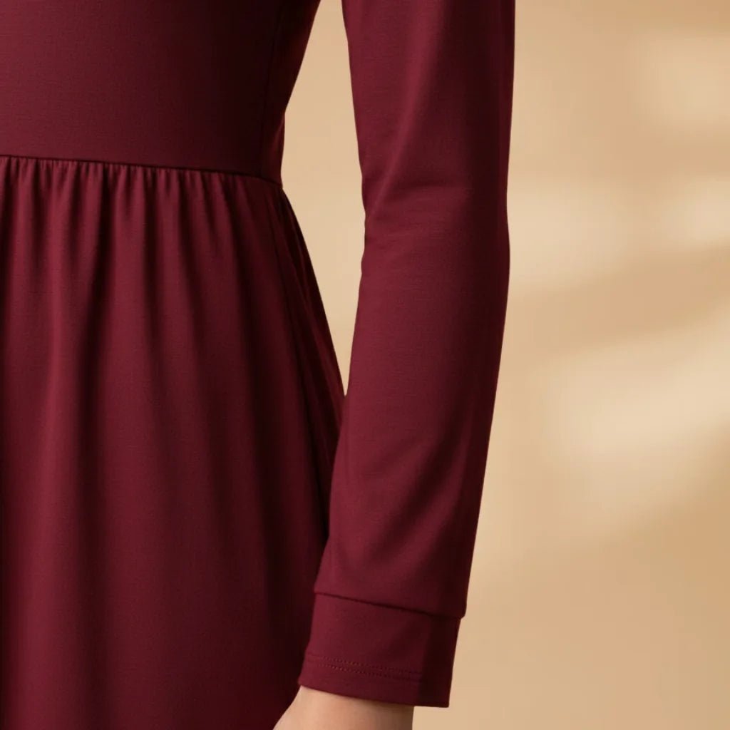 Beatrice | Classic Women Midi Dress with Long Sleeves - Burgundy - 4