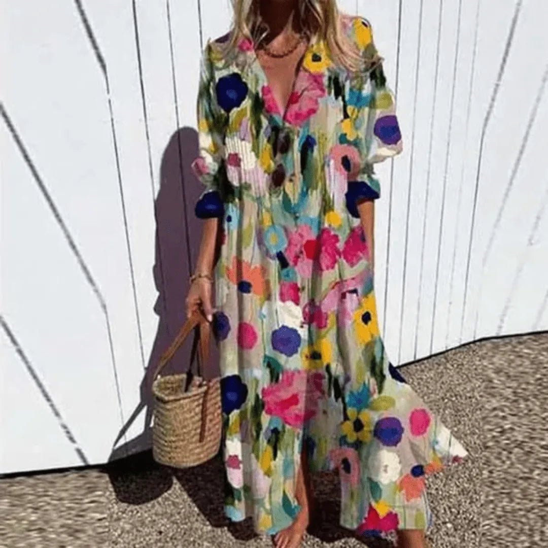 Ivy | Elegant Long Sleeve V - Neck Beach Dress - Multicolor - 1