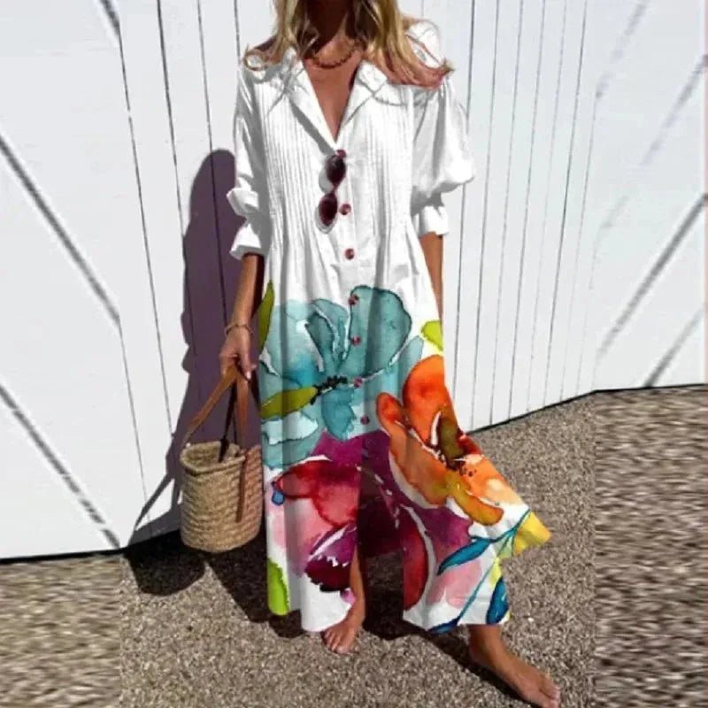 Ivy | Elegant Long Sleeve V - Neck Beach Dress - White - 7