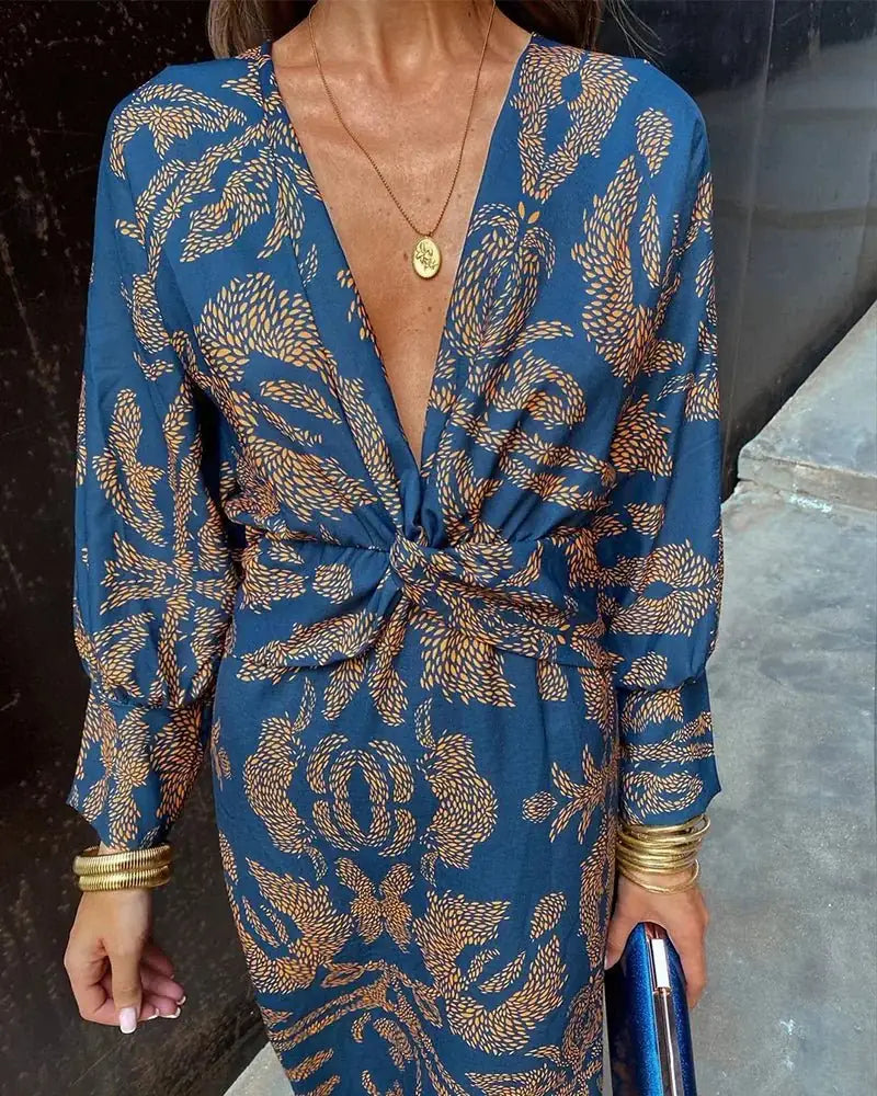 Blue Women's Long Sleeve Wrap Dress — Avery V-Neck Midi Tie Detail - Close Up Neckline