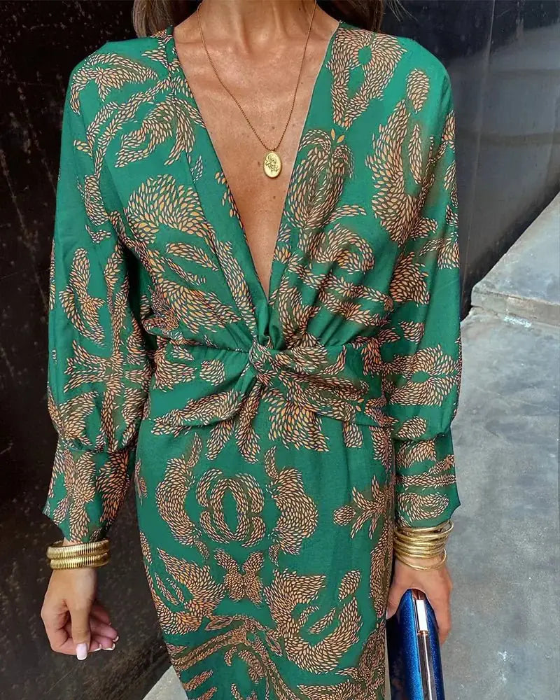 Green Women's Long Sleeve Wrap Dress — Avery V-Neck Midi Tie Detail - Close Up Detail