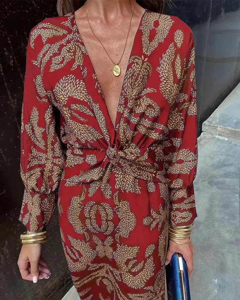 Red Women's Long Sleeve Wrap Dress — Avery V-Neck Midi Tie Detail - Close Up Torso