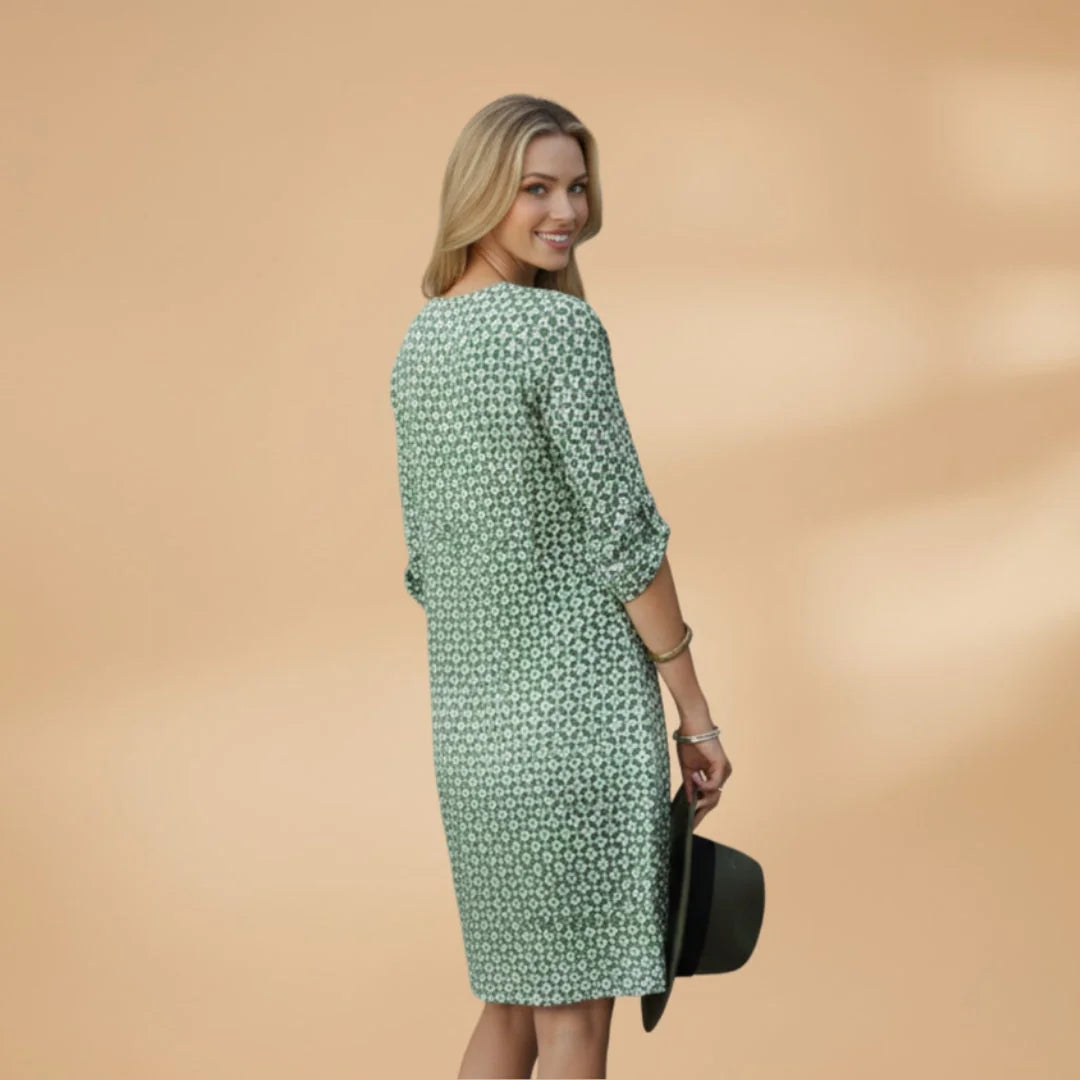Green Women's Loose Fit Short Sleeve Dress — Tatiana V-Neck Printed Relaxed - Back Detail
