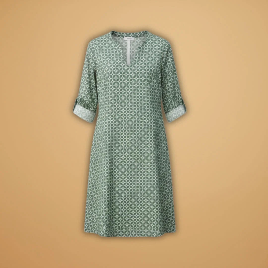 Green Women's Loose Fit Short Sleeve Dress — Tatiana V-Neck Printed Relaxed - Flat Lay