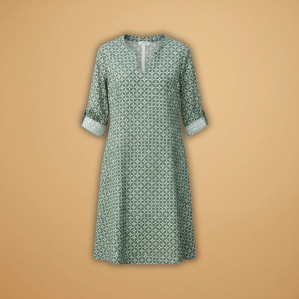 Green Women's Loose Fit Short Sleeve Dress — Tatiana V-Neck Printed Relaxed - Flat Lay