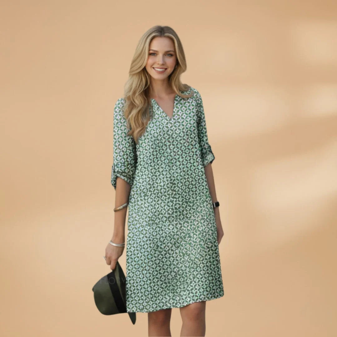 Green Women's Loose Fit Short Sleeve Dress — Tatiana V-Neck Printed Relaxed - Front Full