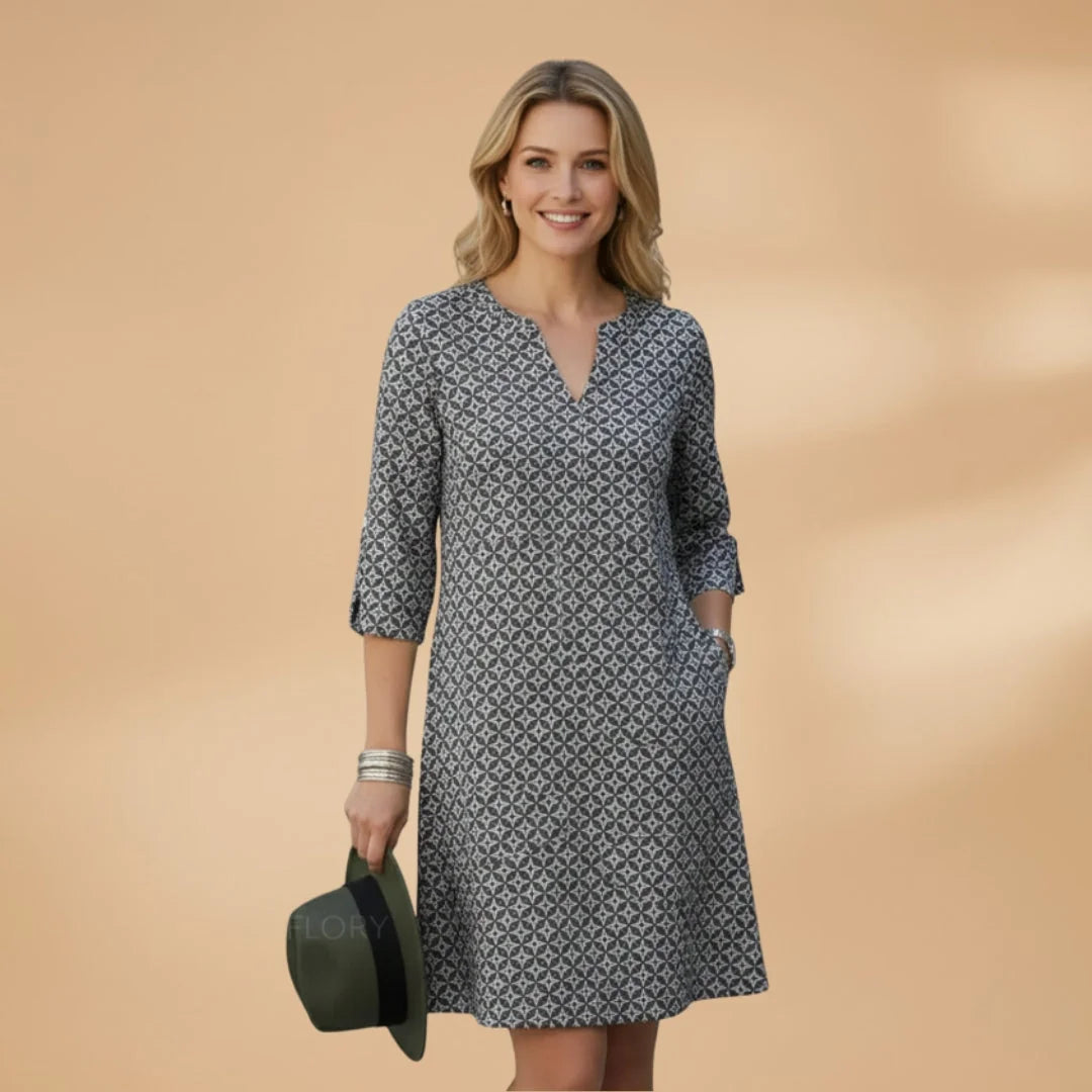 Grey Women's Loose Fit Short Sleeve Dress — Tatiana V-Neck Printed Relaxed - Front Studio