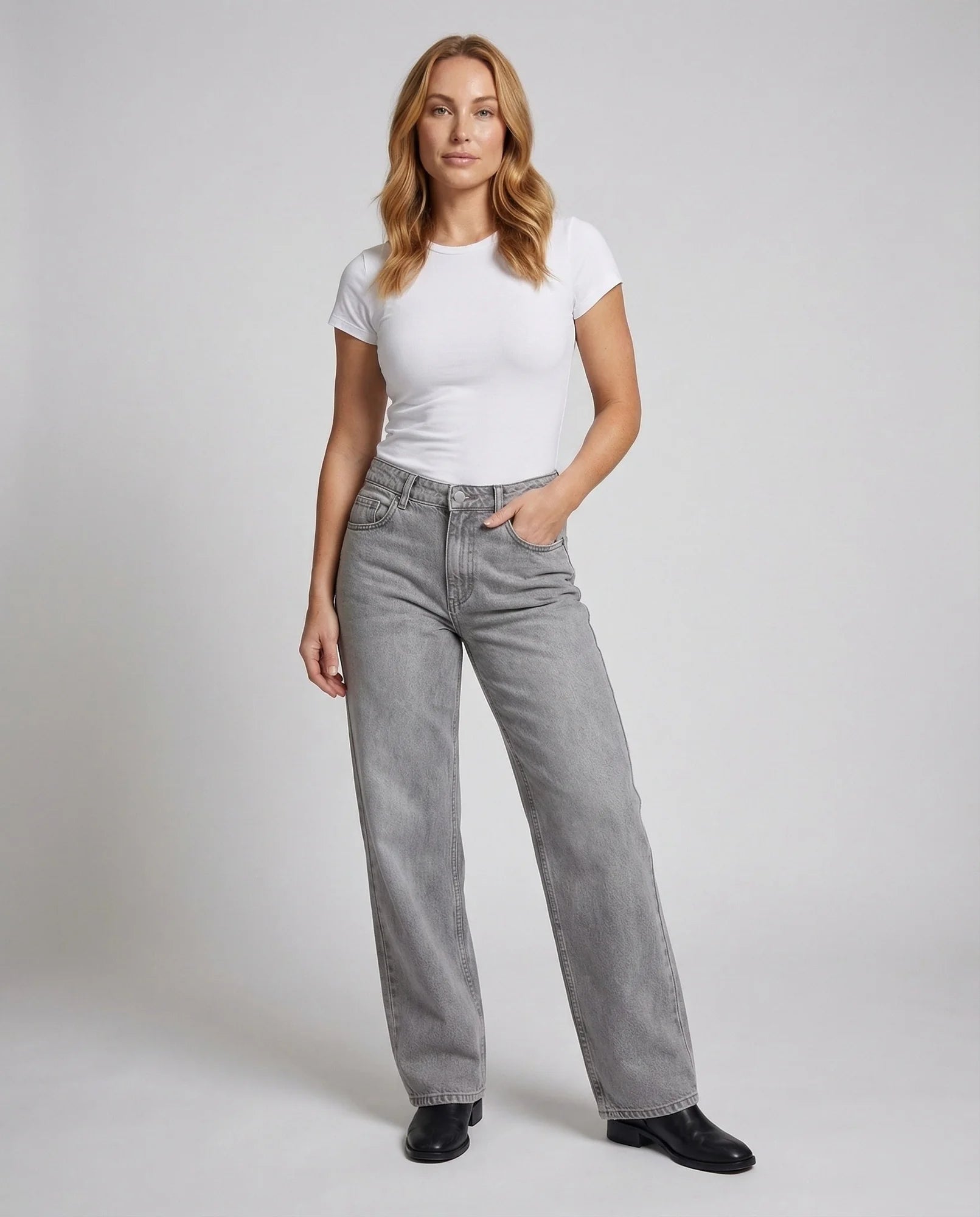 Light Gray Women's Low Rise Straight Leg Jeans - Front Full