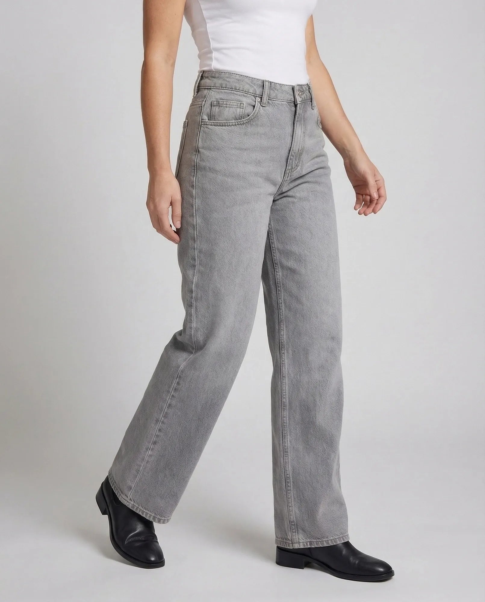 Light Gray Women's Low Rise Straight Leg Jeans - Side Pose