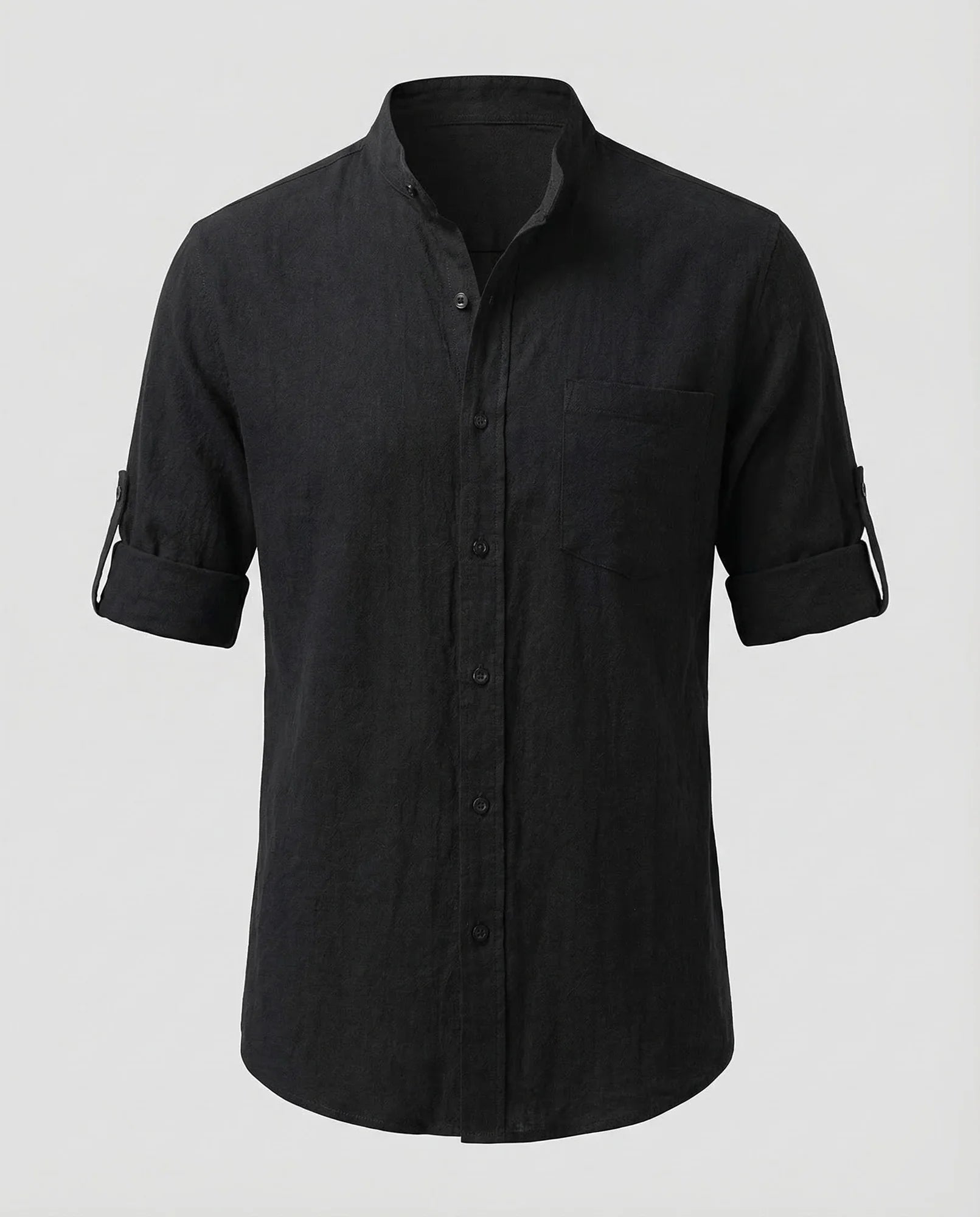 Black Men's Mandarin Collar Linen Shirt - Flat Lay