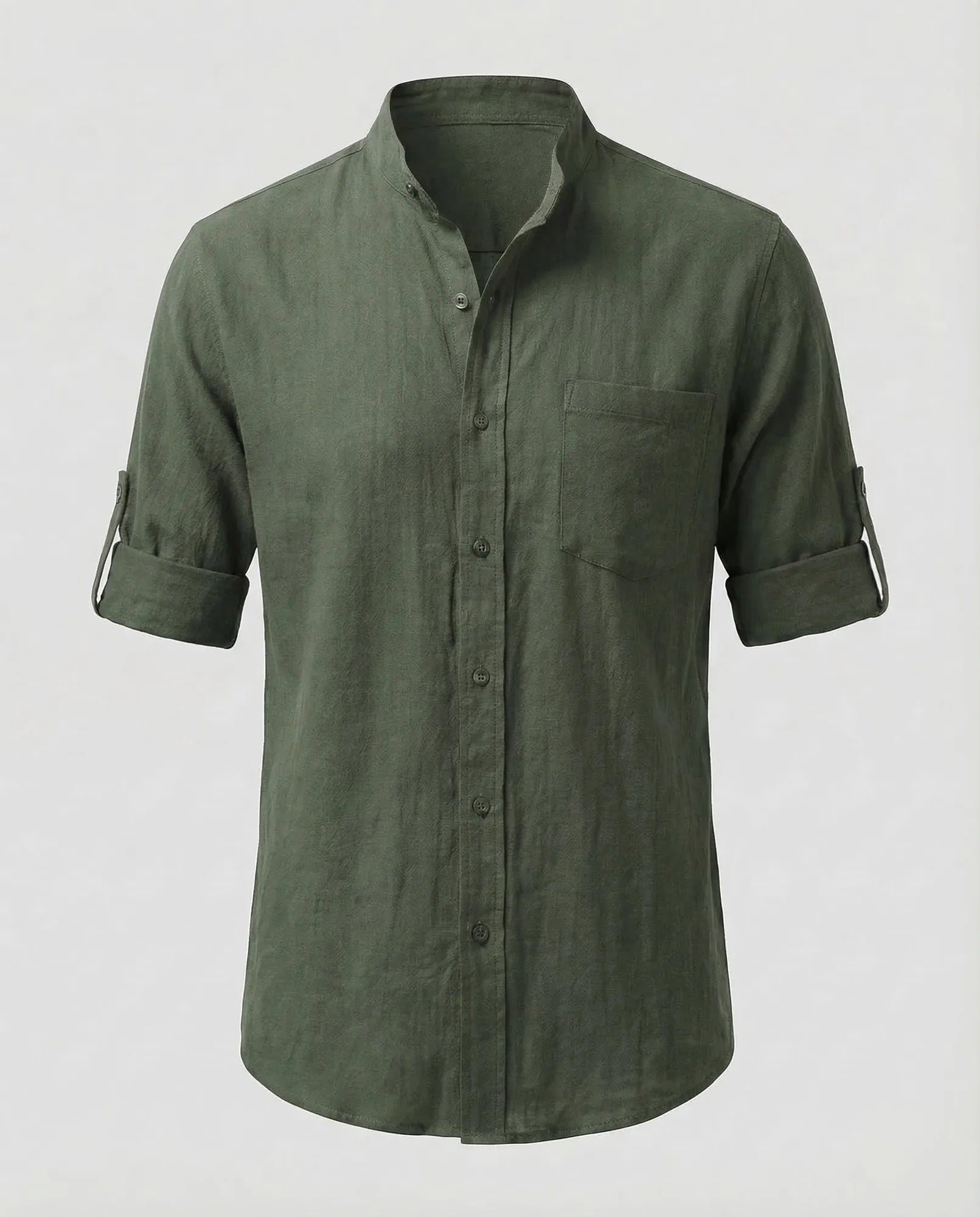 Dark Green Men's Mandarin Collar Linen Shirt - Studio Pose