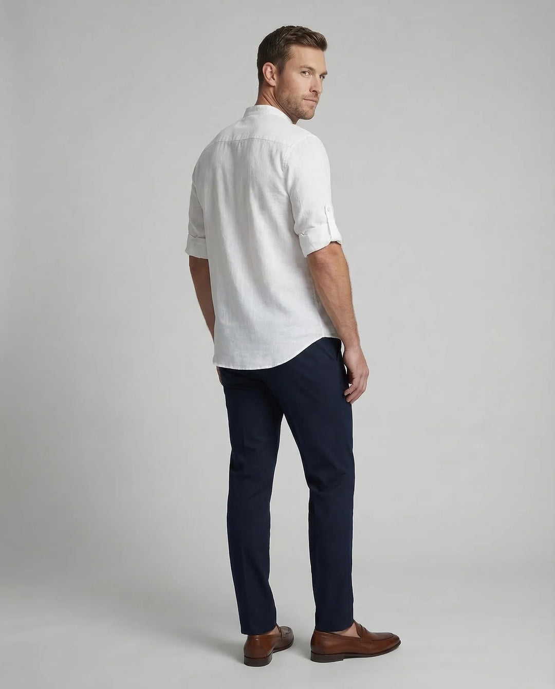 White Men's Mandarin Collar Linen Shirt - Back Pose